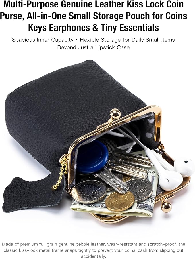Litchi Leather Coin Purse for Women, Portable Vintage Wallet Mini Lipstick Holder Fashion Solid Color Kiss Lock Key Storage Square Pouch (Green)