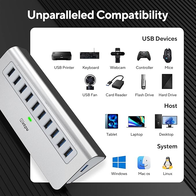 Powered USB Hub 10Gbps, 10 Port USB 3.2 Gen 2 Hub with 10Gbps Data Transfer, 36W(12V/3A) Power Adapter, Type A and Type C Cable, Aluminum USB Data Hub for Mac, PC, Laptop