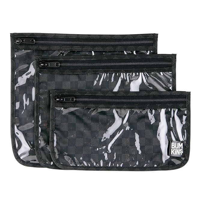 Bumkins Travel Bag, Toiletry, TSA Approved Pouch, Zip Bag, Quart Size Airline Compliant, Clear-Sided, Baby, Diaper Bag Organization, Makeup, Accessories, Carry On Packing, Set of 3 Sizes, Black Check