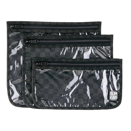 Bumkins Travel Bag, Toiletry, TSA Approved Pouch, Zip Bag, Quart Size Airline Compliant, Clear-Sided, Baby, Diaper Bag Organization, Makeup, Accessories, Carry On Packing, Set of 3 Sizes, Black Check