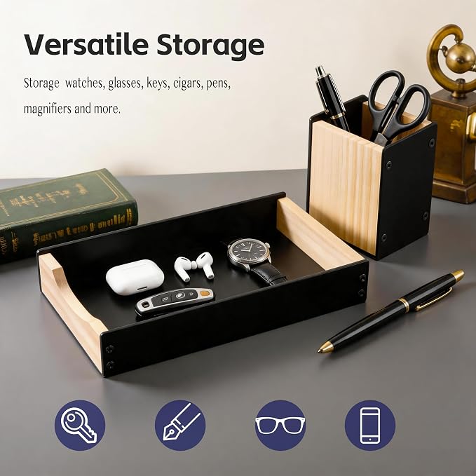 Desk Tray with Pen Holder Set, Acrylic & Wooden Desktop Organizer Multifunctional Home Office Workspace Accessories for Watch, Pens, Keys (Black)