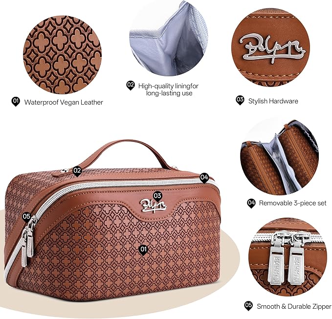 BOYATU Travel Makeup Bag for Women: Four Leaf Clover Large Capacity 3 Pcs Set Cosmetic Bags - Waterproof 50% Extra Space for Toiletry Organizer - Travel Essentials for Fortunate (10 Red Brown)
