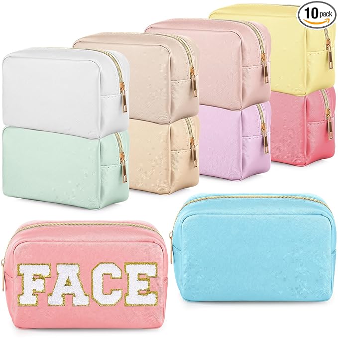 Sweetude 10 Pcs Makeup Bag Bulk for Women Preppy Gift PU Leather Cosmetic Bag Small Skincare Toiletry Pouch Mother Travel Cosmetic Pouch for Bridesmaid Bride Wedding Gift Favors (Classic Color)