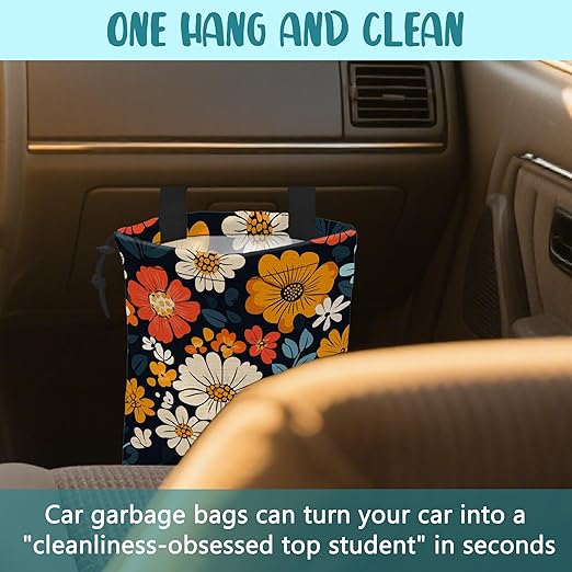 Car Garbage Bag Abstract Floral and Green Leaves Hanging Canvas Car Trash Bag Drawstring Car Back Seat Organizer for Car Back Front Seat Console with Adjustable Buckle