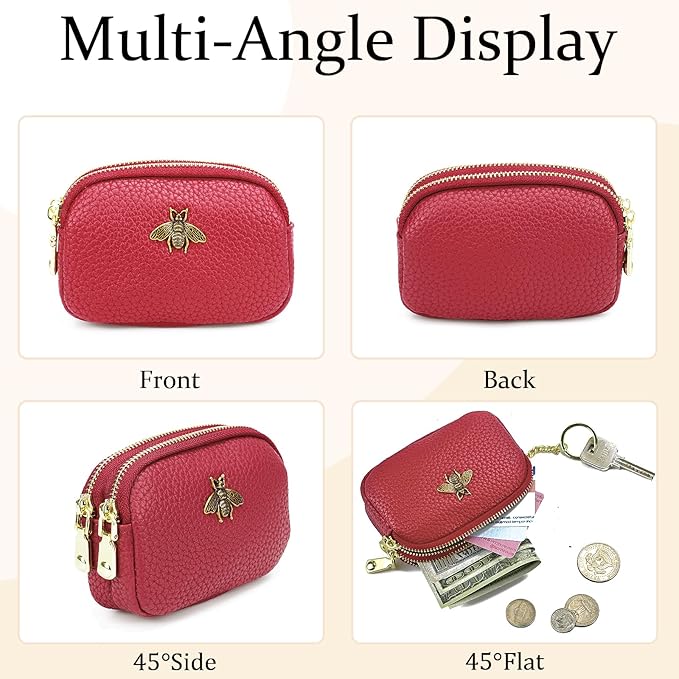 WOZEAH Leather Coin Purse for Women Small 2 Zipper Change Wallet with Key Ring Card Key Coin Cash Holder Pouch(Red)