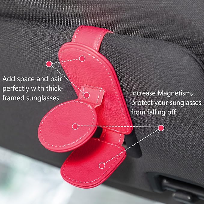 Konohan Sunglasses Holder for Car Visor Leather Eyeglass Hanger Magnetic Sunglasses Holder with 2 Clips(Rose Red)