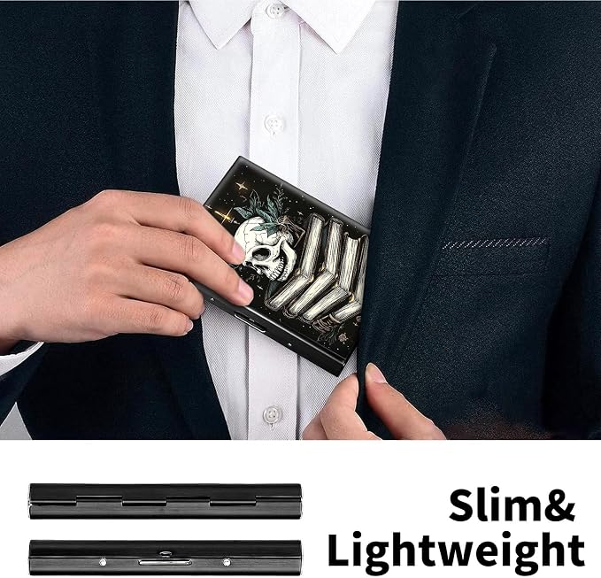 Metal Wallet, Credit Card Holder for Women Men Girls, RFID Blocking Aluminum Wallet Slim Hard Case, Mini Travel Wallet, ID Card Holder Business Card Case,Skull Books