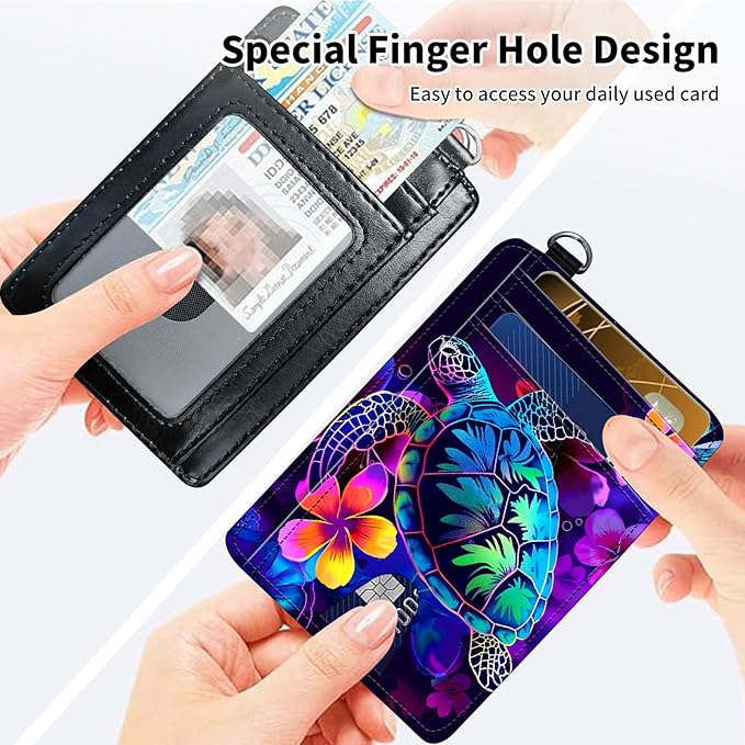 Slim Minimalist Front Pocket Wallet,Credit Card Holder Wallet for Women Men,RFID Blocking Credit Card Holder Case Leather Cute Small Thin Wallet ID Window&Wrist Strap,Glitter Sea Turtle