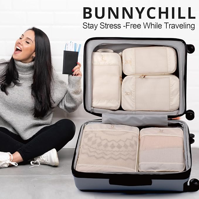 Compression Packing Cubes for Travel, Bunnychill Portable Zipper Packing Cube for Cloting, Expandable Space Saver Storage Luggage Organizer Bags for Suitcases