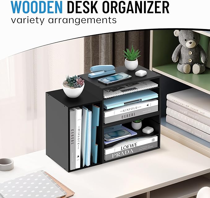 Wood Desk Organizer, 3 Tier Paper Tray Organizer for Desk with Adjustable Storage Shelves, Printer Stand Desktop File Organization Paper Sorter Mail Holder for Office Home Classroom, Black