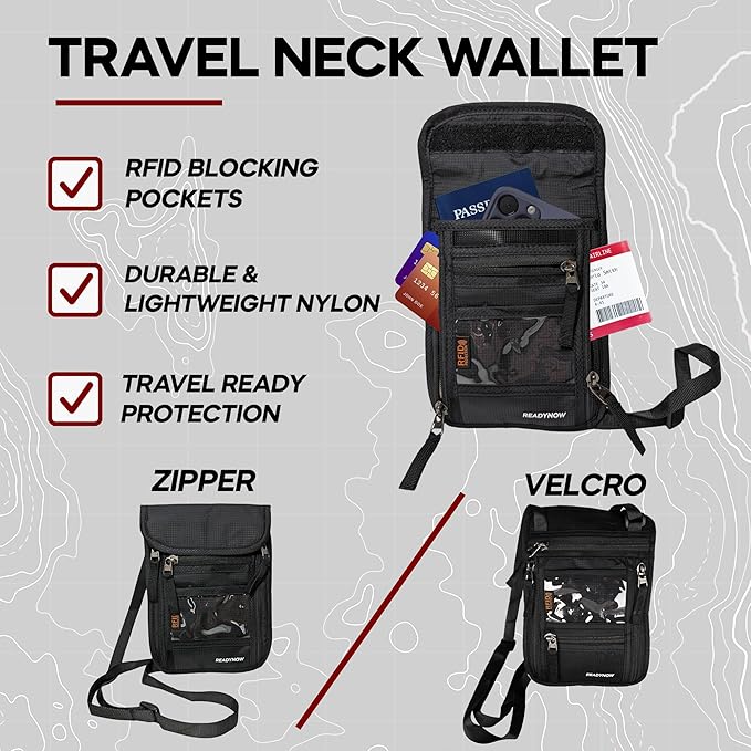 Travel Neck Wallet Passport Holder with RFID Blocking – Lightweight Pouch, Secure Organizer with 3 Zipper Pockets, ID Window, Adjustable Strap, Breathable Mesh Back – 8"x6" (Zipper Pocket Neck Wallet)