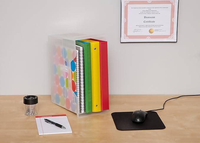 IRIS USA Medium Portable Desktop File Box with Open Top, Side Handles, Hanging File Folders, Tabs & Inserts, Letter Size, For Magazines Newspapers Mail Books Notebooks Binder Homework, Clear