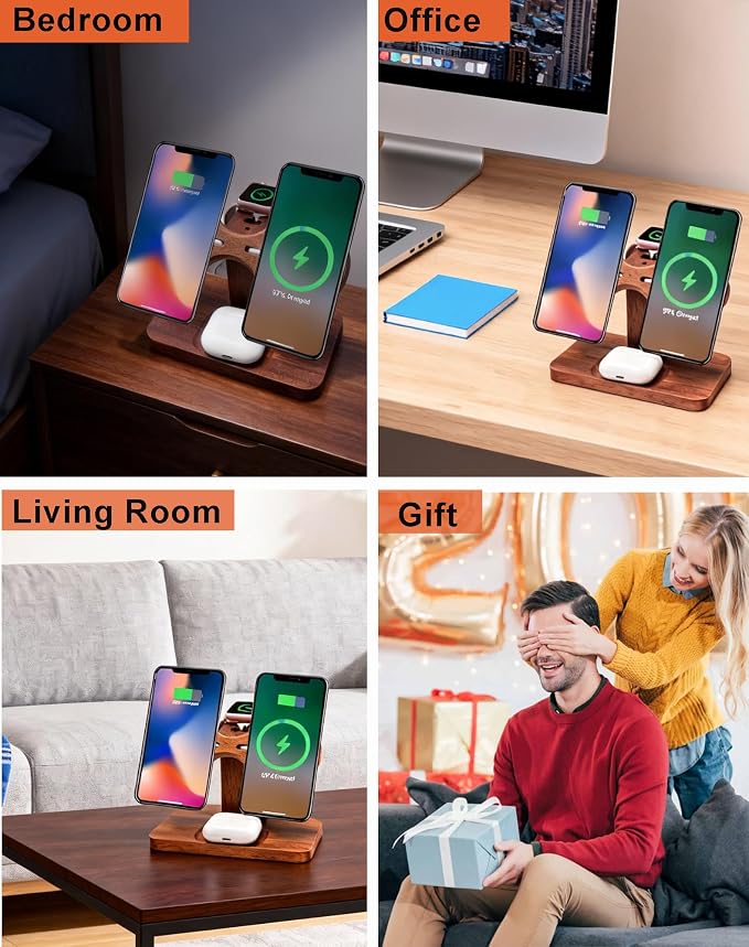 Magnetic Dual Wireless Charger for Apple Multiple Devices,Two Phone Charging Station for iPhone 17/16/15/14/13,AirPods & Apple Watch,Wood Charger Stand Desk Organizer,Gift for Men Dad Boyfriend
