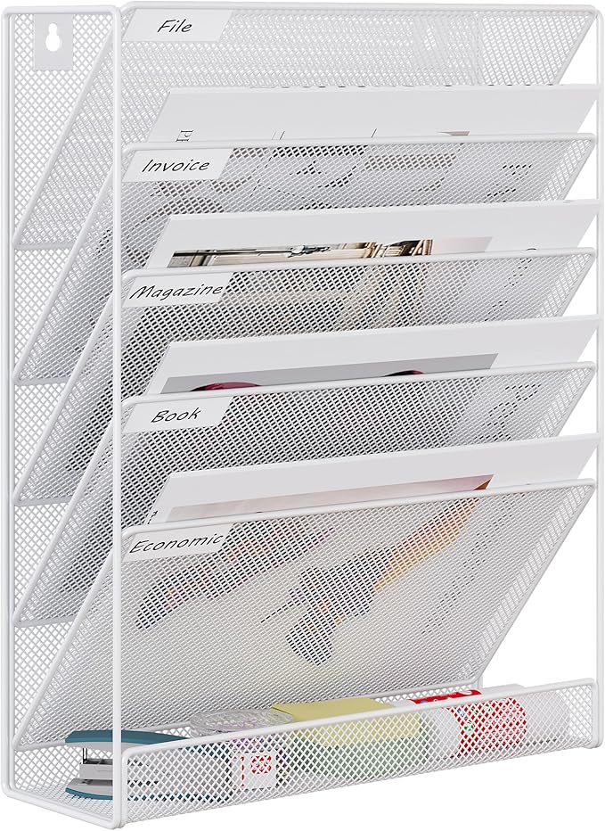 EasyPAG 5 Tier Wall File Holder, Mesh Hanging Folder Organizer with Classify Label, Versatile Desk File Holder, Vertical Wall Mounted Mail Organizer for Office Home Cubicle, White