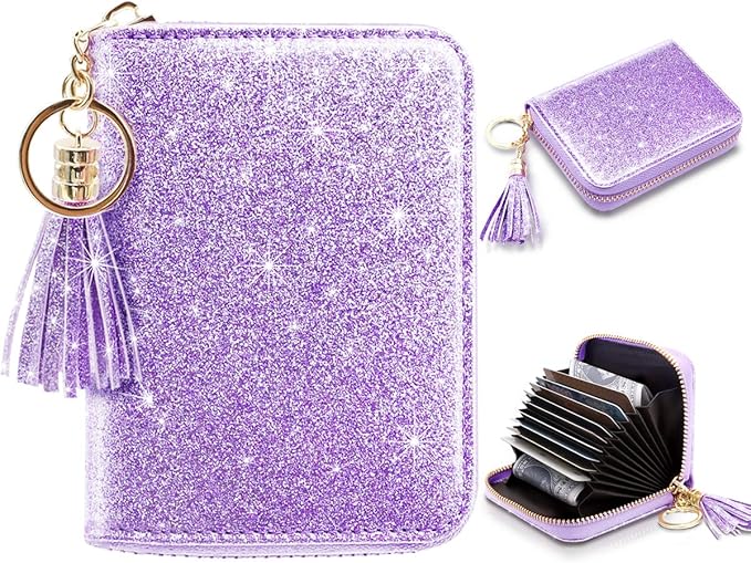 Coco Rossi Small Credit Card Wallet RFID Glitter Cute Accordion Card Holder with Zipper for Women
