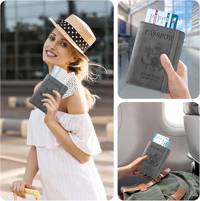 ACdream RFID BLOCKING Passport Holder Travel Wallet, Premium PU Leather Cover Passport Book with Card Holder, Pen Holder, Keep Organization, and Travel Essentials for Women and Men, Grey