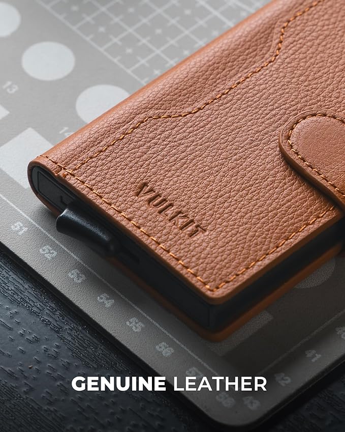 VULKIT Slim Bifold Pop up Wallet Minimalist Leather Card Holder RFID Blocking Metal Card Case with ID Window for Women | with Leather Slots, RFID Blocking, Slim, Metal Card Case
