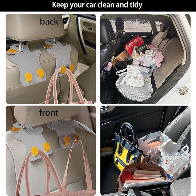 Car Seat Back Hooks - Double Hook Headrest Hanger for Purse, Bags, Groceries & Phone Holder - Universal Fit for Car, SUV, Truck - Heavy Duty Metal & Premium Leather Organizer (Grey)