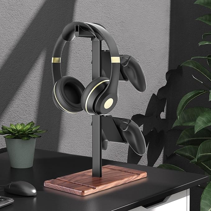 Controller Holder, Walnut Wood Headphone Stand, Gaming Controller Stand for Xbox PS5 PS4 Switch, Natural Wooden Headset Holder, Universal Desk Game Accessories
