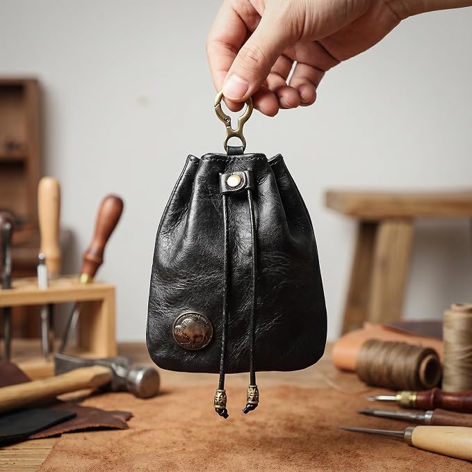 PU Drawstring Coin Purse, Vintage Faux Leather Pouch with Antique Brass Clasp, Portable Drawstring Coin Bag for Coins/Cash/Small Essentials(Black)