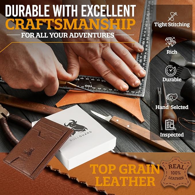 BULL GUARD Mens RFID Blocking Leather Slim Card Case Wallet with Easy Access ID windows, Cash & Card Slots, Crafted with Premium Top Grain Leather Ideal for Travel or Everyday Use (Wild Buffalo Brown)