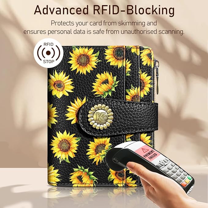 Kelvoris Sunflower Small Rfid Women Wallet Bifold Zipper Coin Pocket PU Leather Compact Cash Credit Card Holder Travel Wallet for Female Ladies Teen Girls 1 ID Window 10 Card Slots