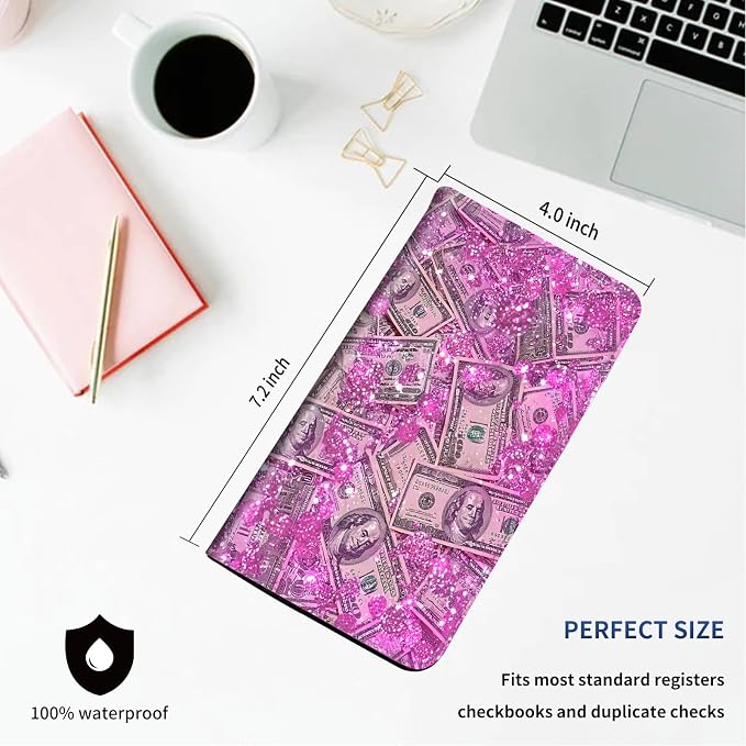 DEGDFSGR Checkbook Cover PU Leather Checkbook Covers for Women for Duplicate Checks, Check Book Covers with RFID Blocking Function for Personal Checkbook, Pink Sparkly Dollar Bills
