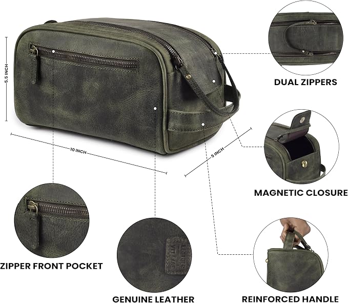 LEATHER VILLAGE Genuine Leather Toiletry Travel Pouch With Waterproof Lining - Olive | King-Size Handcrafted Vintage Dopp Kit Bag, Shaving & Bathroom Organizer, Gift for Men & Women