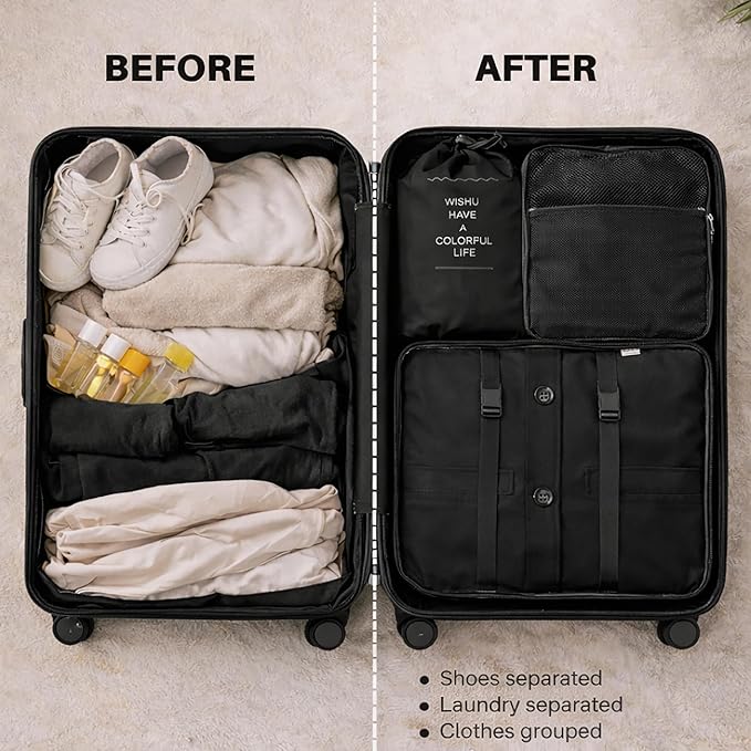 7 Set Packing Cubes For Travel | Luggage Organizer Bags With Shoe, Laundry Bag, Accessory Pouch And Lingerie Bag | Durable And Space Saving Suitcase Organizer For Travel Essentials | Black