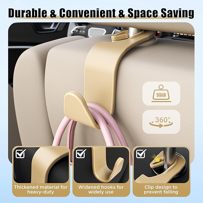 Amooca Car Seat Headrest Hook 4 Pack Hanger Storage Organizer Universal for Handbag Purse Coat Universal fit Vehicle Car Beige with Clip