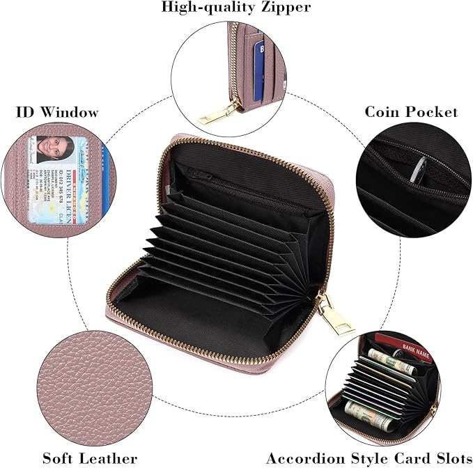 GAEKEAO Wallet Women RFID Blocking Leather Small Compact Zip-Around Credit Card Holder with ID Window & Zipper Pocket