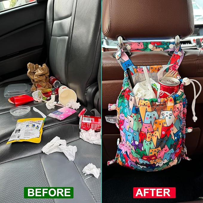 FLOCK THREE Leak-Proof Waterproof Car Trash Bag Foldable Multipurpose Trash bin Container Storage Cute Grocery Organizer Bag for Automotive Front or Back Seat in Cars SUVs and Trucks (Colorful Cats)