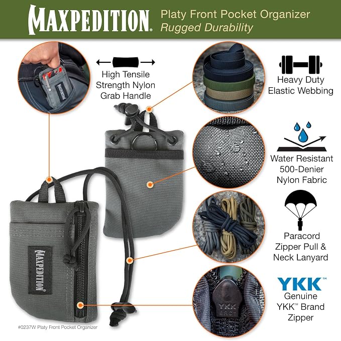 MAXPEDITION Platy Pocket Organizer, Durable EDC Tool Pouch for Men, Neck Wallet with Paracord Lanyard, Holds Flashlight, Multitool, Pen, Notebook