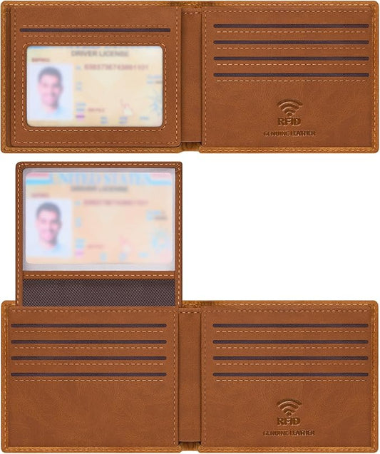 Travelambo Genuine Leather Wallet for Men with Gift Box - Handmade Bifold Stylish - Mens Wallets Rfid Blocking with 2 ID Windows