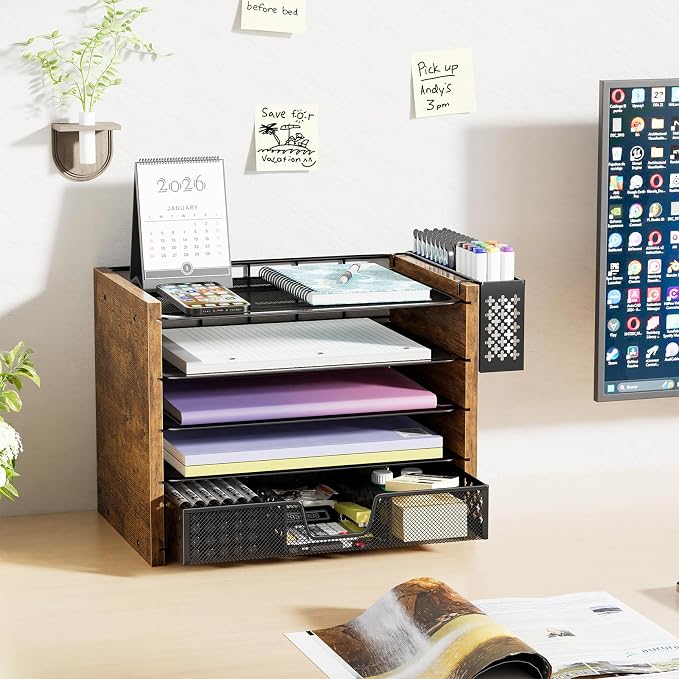 Simple Trending 5-Tier Wood Desk Organizer, Desk Organizers and Accessories with Drawer & Pen Holder for Home Office School