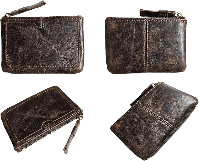 Genuine Leather Coin Purse Pouch for Women Men Vintage Cowhide Grain Leather Slim Mini Wallet Metal Zipper with Real Leather handle (Dark Brown)