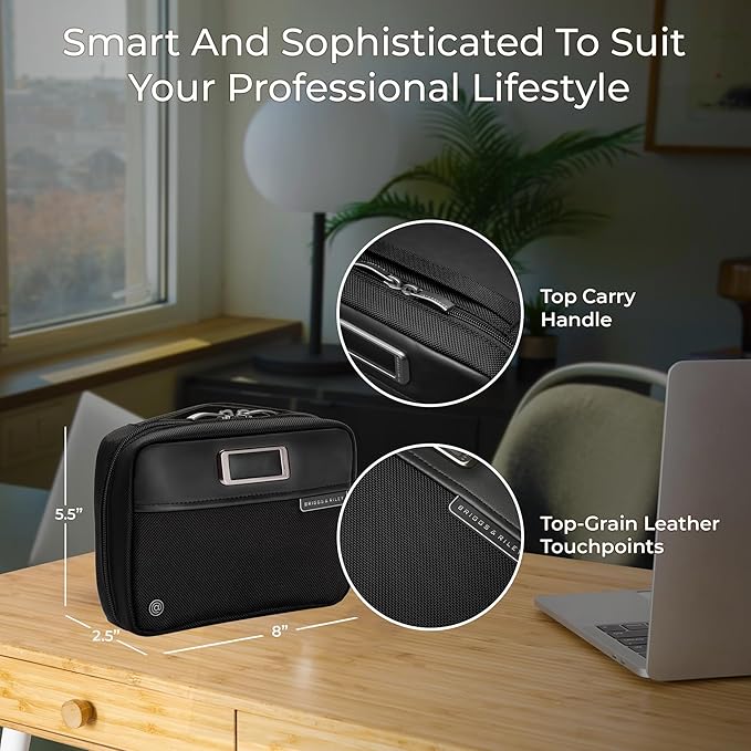 Briggs & Riley Tech Pouch Kit - Electronics Organizer Travel Case, Cable Storage Bag For Cords, Hard Drives, & Tech Accessories, Leather Touchpoints, Durable Fabric - @Work Collection, Black