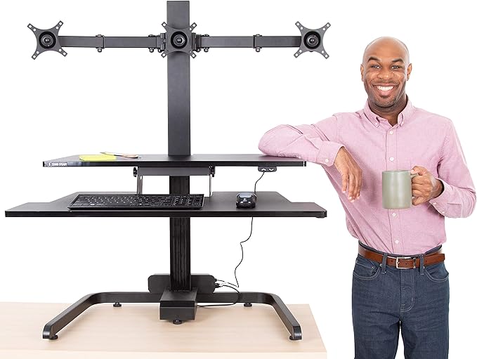 Stand Steady Techtonic Electric Standing Desk Converter wIth Triple Monitor Mount, 3 Screen Support, Quiet Sit-Stand Desk with Button Control, Keyboard Tray, Ideal for Gaming & Computer Work (Black)