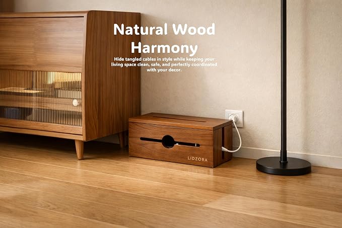 Wooden Cable Management Box for Power Strips, Desk Cord Organizer for Home Office & TV Stand, Hidden Cable Storage with Phone Stand