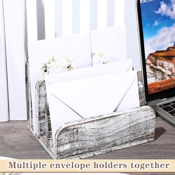 Briwooody Wooden Mail Organizer 3 Slots Mail Holder for Desk Wood File Paper Letter Holder for Letter Envelope Filing Cell Phone Document Storage, Organizer Tray for Office and Home(Old White)