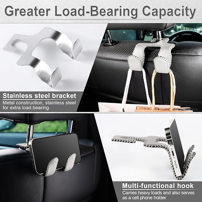 LivTee Upgraded Superior Leather Car Seat Back Headrest Hook, 2 in 1 Auto Seat Hook Hangers Holder Organization Interior Accessories for Purses Coats Umbrellas Grocery Bags Handbag (Gray)