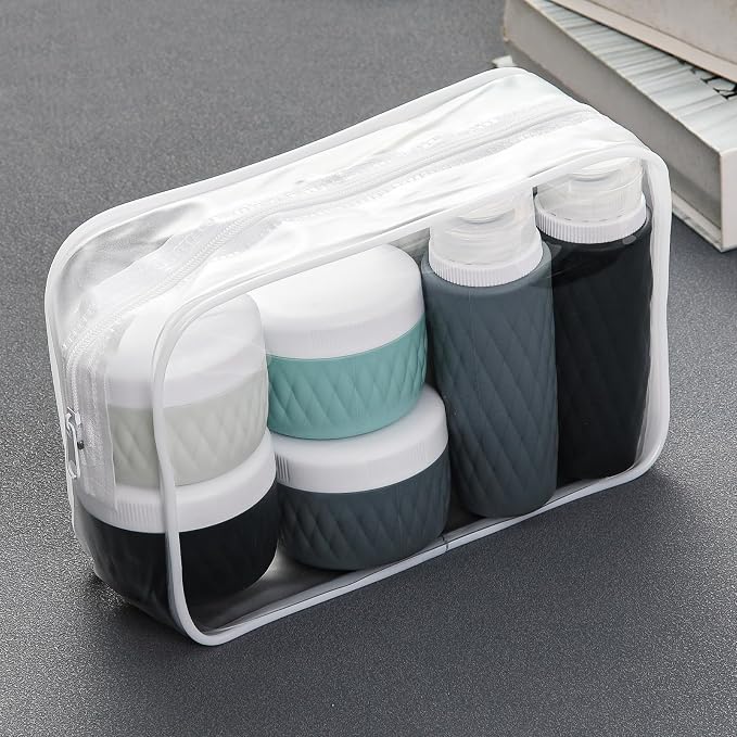 kuangre 8 Pack Travel Bottles for Toiletries - 3 OZ / 90 ML, | Leak Proof Silicone Containers with Clear Bag, Travel Size Toiletries for Lotions, Creams, Foundation, Shampoo, body wash and More |