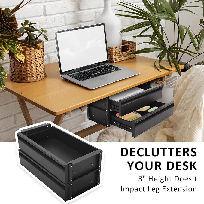 15 in 2-tier Under Desk Drawer,Adjustable Height, Under Desk Drawer Slide Out with Slide Extension Mounted Under Flat Wooden Table or Workbench, Carbon Steel Hidden Desk Drawer for Office & Home