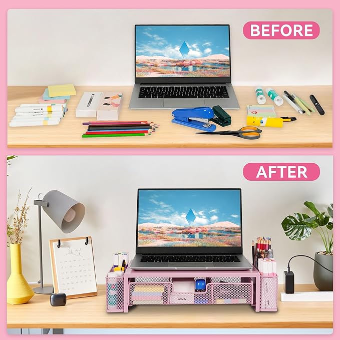 Computer Monitor Stand Riser with Drawer and Pen Holders, Desk Organizer Shelf and Accessories, Office Desk Accessories, Office Organization, Pink