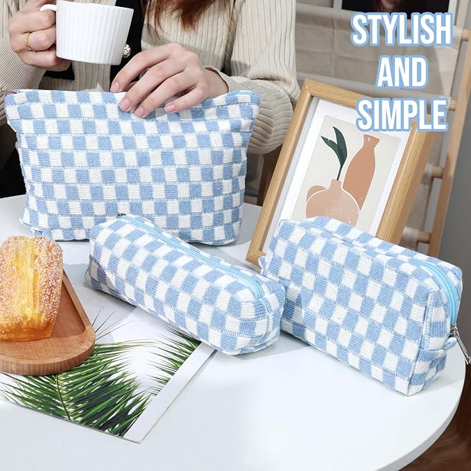 3 Pcs Makeup Bag Cosmetic Bag Set for Girls Women Checkered Travel Organizer Bathroom Toiletry Pouch Large Capacity Storage Bag (Blue-White)