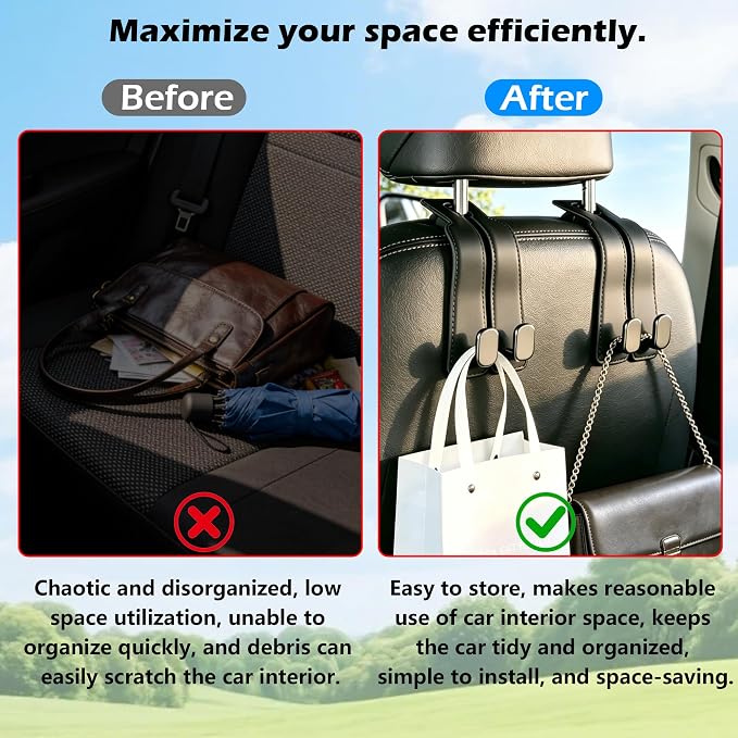 2 Pack Car Hooks for Headrest, Car Purse Hook Seat Back Hanger Storage Organizer, Multifunctional Car Hanger & Holder for Heatrest, Seat, Bag, Purse