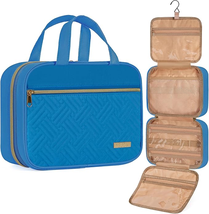 Travel Toiletry Bag for Women & Men Water Resistant Makeup Bag with Hanging Hook Portable Travel Organizer for Travel Accessories, Travel-Sized Shampoo, Toiletries (Large-Blue)