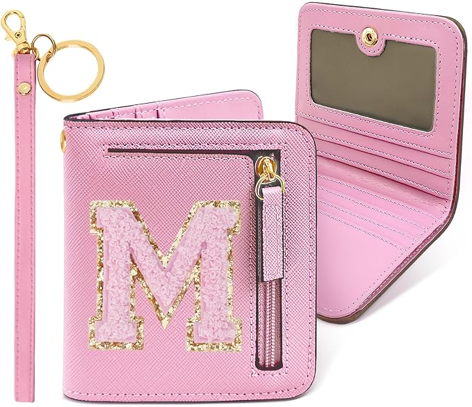 COSHAYSOO Easter Birthday Gifts Initial Wallet for Teenager Girls 8-10 10-12 12-14 14-16 Small RFID Bifold Wallet Travel Purse Unique Preteen Stuff Chenille Letter M Pink