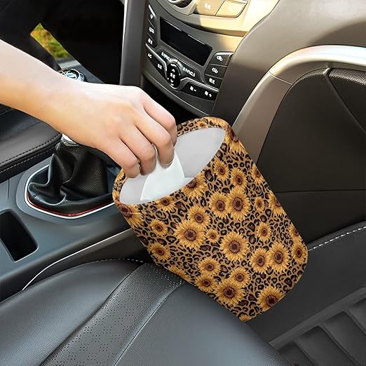 Sunflower Leopard Printed Car Rubbish Bin Portable Driver Garbage Small Mini Can Travel Hanging Garbage Organizer Bag, Large Capacity