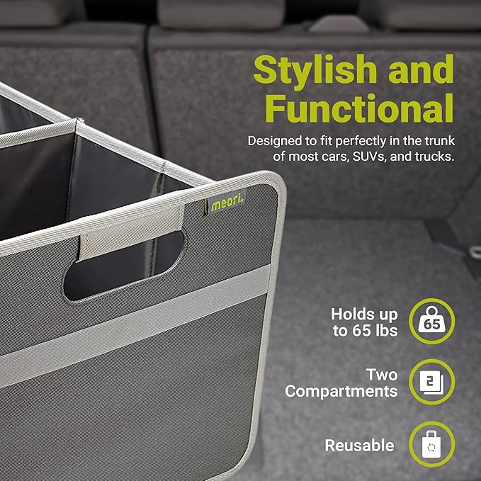 meori Large Trunk Organizer for Groceries Collapsible Granite Grey Storage Car SUV 2 Compartments